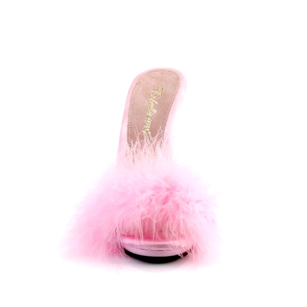 Baby Pink Marabou Feather Satin and Suede Sandal Mules High Heels - Picture 5 of 7